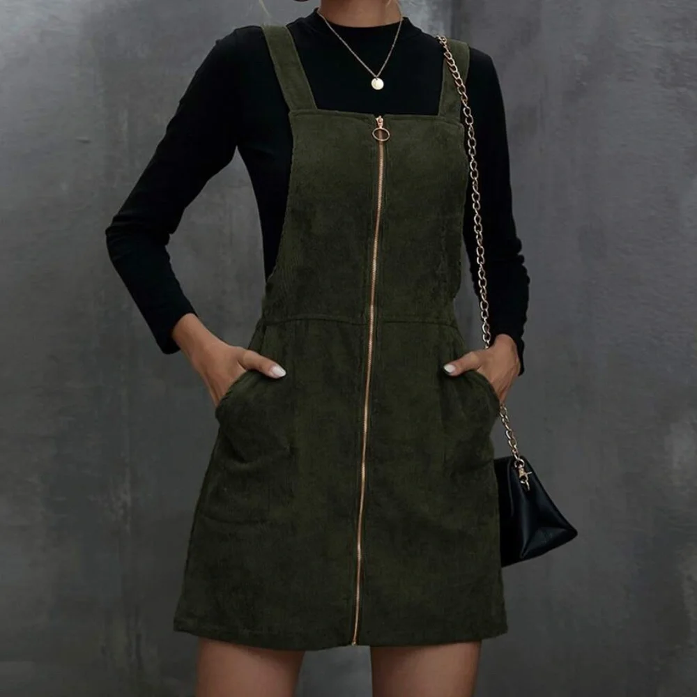 Rust Brown corduroy Zipper Mini Dress Pockets - Picture 2 of 8